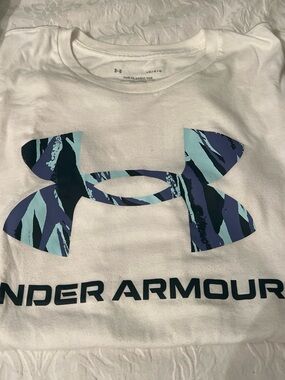 LG White Short-Sleeve Tee with Blue and Purple Camouflage Logo